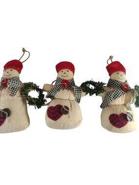 (3) Snowman Christmas Tree Ornaments With Red Hats & Gingham Scarves